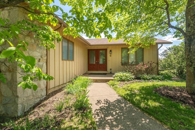 6 Ridge Pl, Morgantown, WV 26505 - doorway to property with french doors, board and batten siding, and stone siding