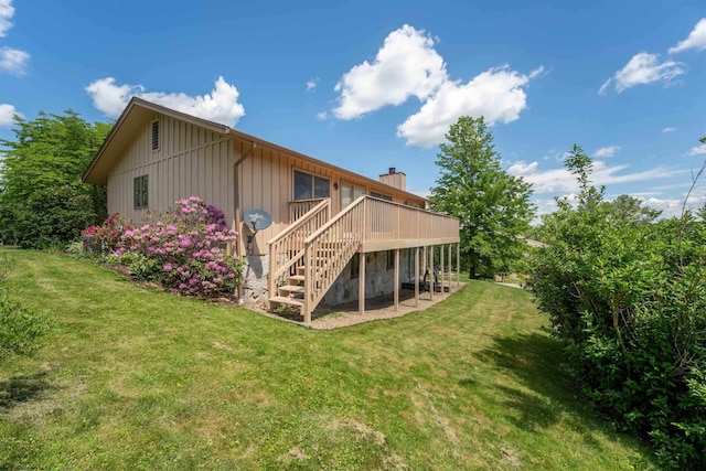 6 Ridge Pl, Morgantown, WV 26505 - rear view of house with stairway, a deck, a chimney, and a yard