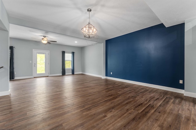 2052 Mountain Ash Ln, Morgantown, WV 26501 - spare room featuring a chandelier, dark wood-style flooring, baseboards, and ceiling fan