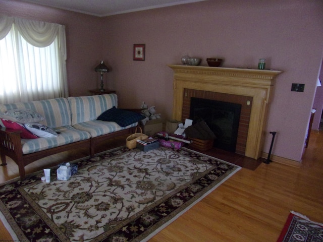 201 Findley St, Elkins, WV 26241 - living area featuring wood finished floors, a fireplace, and ornamental molding