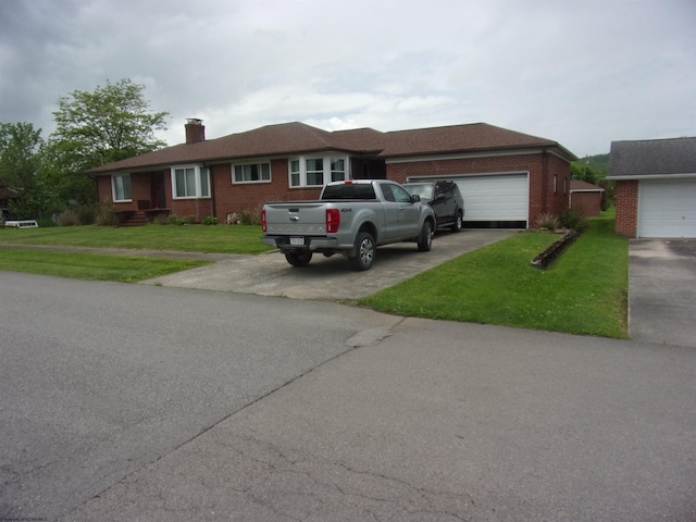 201 Findley St, Elkins, WV 26241 - ranch-style home featuring brick siding, a garage, concrete driveway, a chimney, and a front lawn