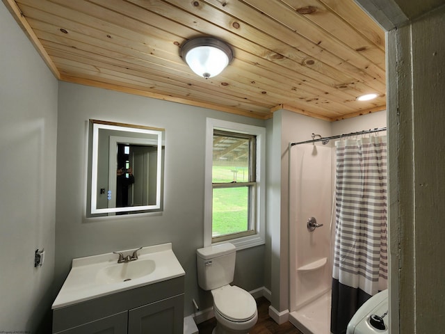 580 Deer Haven Dr, Lost Creek, WV 26385 - bathroom with wooden ceiling, toilet, curtained shower, vanity, and baseboards
