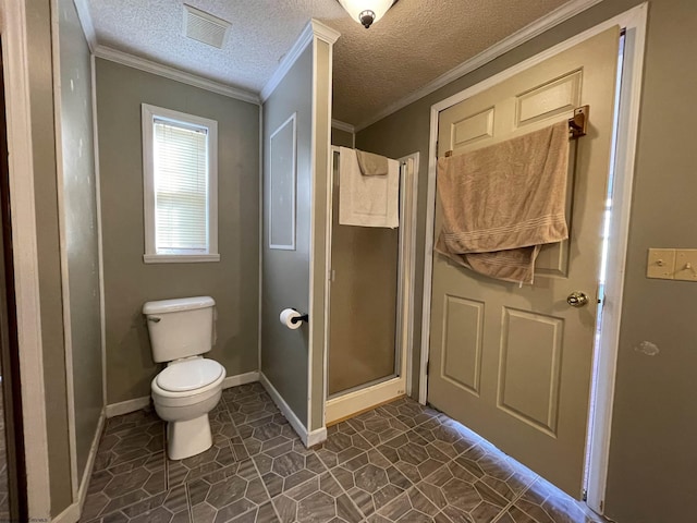 564 Big Run Rd, Napier, WV 26631 - bathroom with a stall shower, crown molding, toilet, baseboards, and a textured ceiling