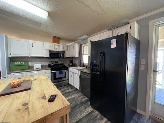 564 Big Run Rd, Napier, WV 26631 - kitchen with black appliances, butcher block counters, a sink, white cabinets, and dark wood finished floors