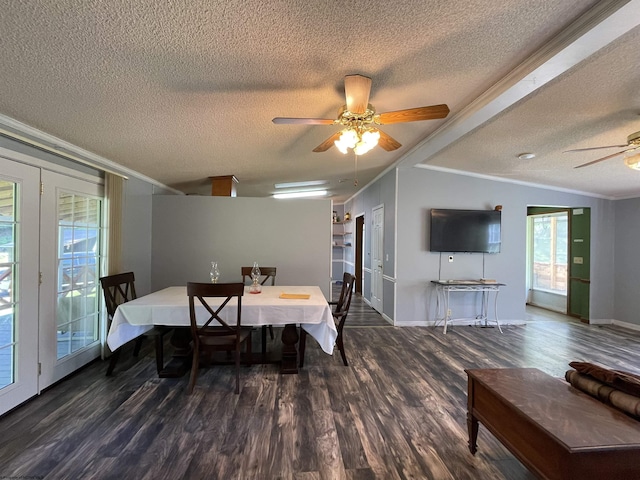 564 Big Run Rd, Napier, WV 26631 - dining room with a textured ceiling, a ceiling fan, crown molding, wood finished floors, and plenty of natural light
