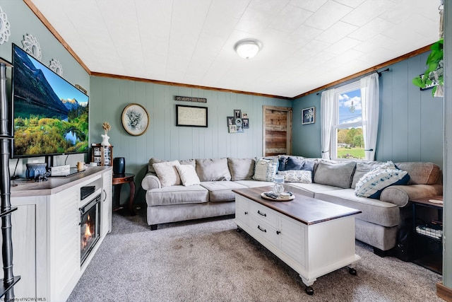 719 Elk Run Rd, Bruceton Mills, WV 26525 - living area featuring crown molding, carpet flooring, and a lit fireplace