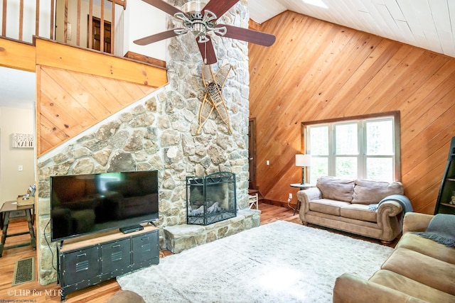 434 Cabin Mountain Rd, Davis, WV 26260 - living area featuring a fireplace, wood finished floors, ceiling fan, wooden walls, and high vaulted ceiling