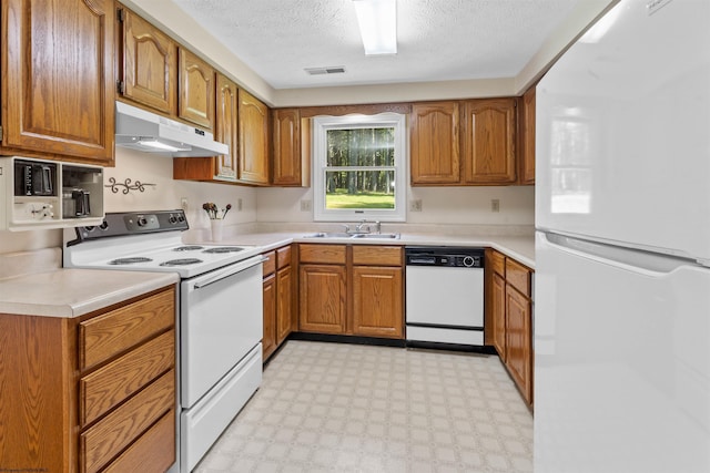 42 Ice Linn Ln, Fairmont, WV 26554 - kitchen featuring white appliances, under cabinet range hood, a sink, brown cabinets, and a textured ceiling