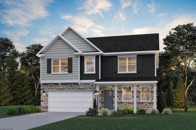 377 Lexington Cir, Bridgeport, WV 26330 - craftsman-style home with stone siding, an attached garage, driveway, a front lawn, and roof with shingles