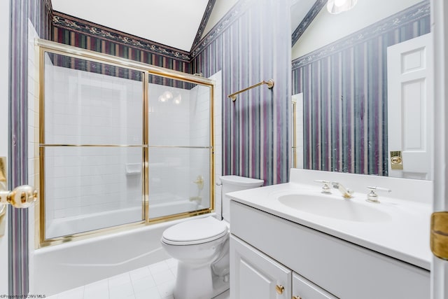 2022 Georgian Ln, Morgantown, WV 26508 - bathroom with wallpapered walls, tile patterned floors, vanity, toilet, and combined bath / shower with glass door