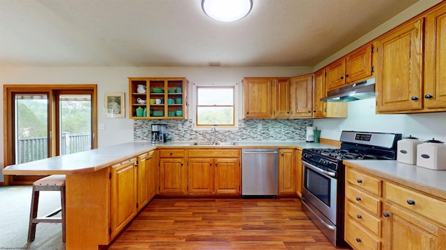 524 Kinney St, Bridgeport, WV 26554 - kitchen featuring appliances with stainless steel finishes, under cabinet range hood, a sink, a peninsula, and light wood-style floors