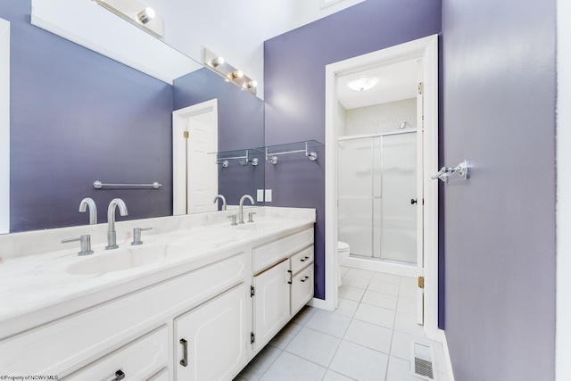 405 Lakeview Ests, Morgantown, WV 26508 - bathroom featuring tile patterned floors, toilet, a stall shower, and double vanity