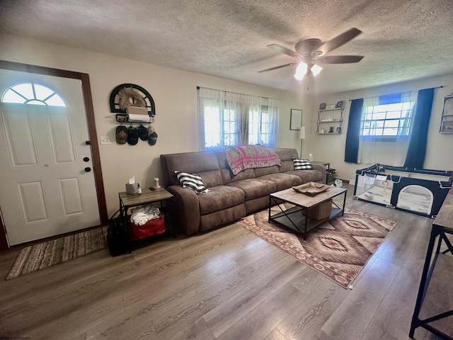 1829 Crooked Run Rd, Clarksburg, WV 26301 - living room featuring wood finished floors, a textured ceiling, and ceiling fan