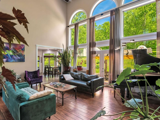 40 Briarwood Dr, Elkins, WV 26241 - living room featuring a towering ceiling, healthy amount of natural light, french doors, and hardwood / wood-style floors