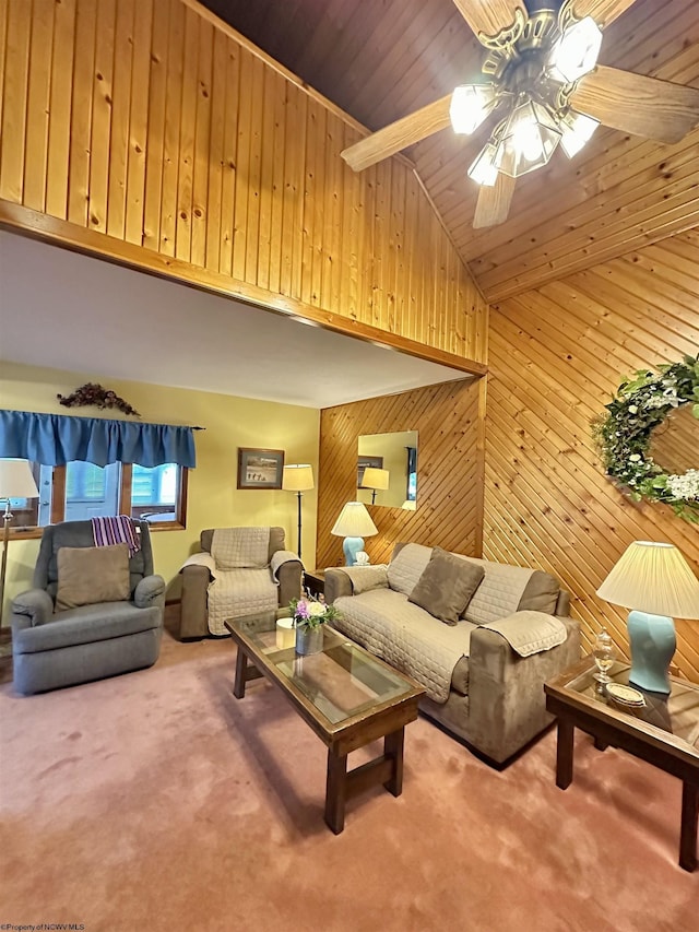 1322 Crystal Lake Rd, West Union, WV 26456 - living room with wooden walls, a ceiling fan, carpet floors, wood ceiling with exposed beams, and high vaulted ceiling