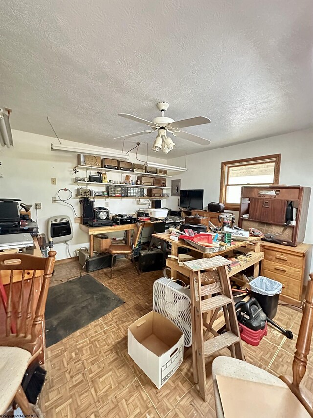 1322 Crystal Lake Rd, West Union, WV 26456 - dining area with a ceiling fan, attic access, heating unit, and a textured ceiling