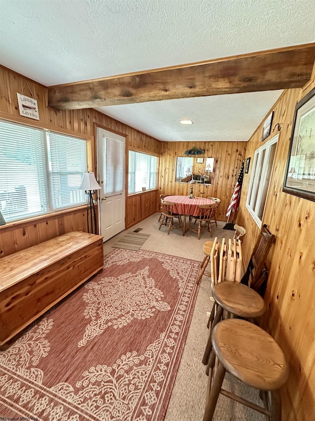 1322 Crystal Lake Rd, West Union, WV 26456 - carpeted living room with beamed ceiling, wooden walls, and a textured ceiling