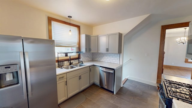 505 State St, Fairmont, WV 26554 - kitchen featuring stainless steel appliances, a sink, tasteful backsplash, light countertops, and hanging light fixtures