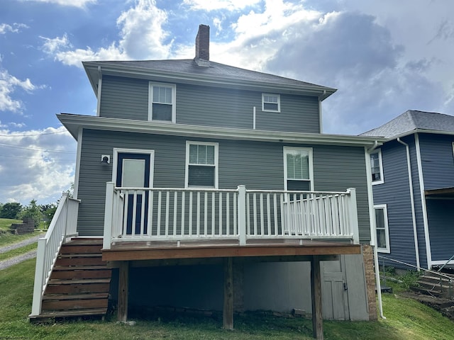 505 State St, Fairmont, WV 26554 - rear view of house featuring a chimney, a wooden deck, and stairs