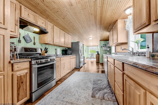 595 States Fork Rd, Metz, WV 26585 - kitchen with appliances with stainless steel finishes, under cabinet range hood, wood ceiling, a sink, and dark wood finished floors