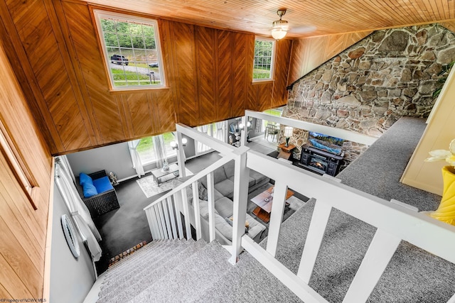 595 States Fork Rd, Metz, WV 26585 - stairs featuring healthy amount of natural light, wood ceiling, carpet floors, and wood walls