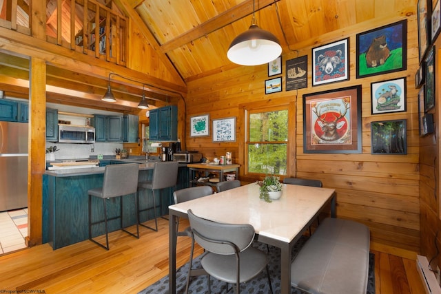 1 Ginger Ct, Terra Alta, WV 26764 - dining area with light wood-type flooring, wood ceiling with exposed beams, wooden walls, baseboard heating, and high vaulted ceiling