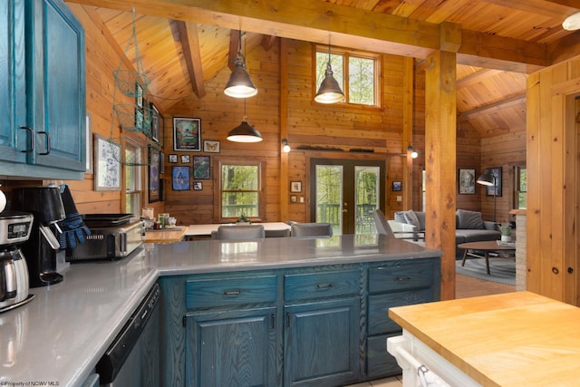 1 Ginger Ct, Terra Alta, WV 26764 - kitchen featuring wood ceiling with exposed beams, a peninsula, wood walls, blue cabinets, and stainless steel dishwasher