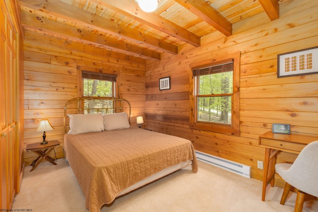 1 Ginger Ct, Terra Alta, WV 26764 - bedroom with baseboard heating, wood ceiling with exposed beams, multiple windows, light colored carpet, and wood walls