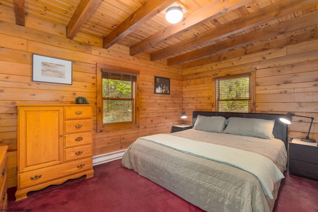 1 Ginger Ct, Terra Alta, WV 26764 - bedroom featuring multiple windows, dark carpet, wooden ceiling with exposed beams, a baseboard radiator, and wooden walls