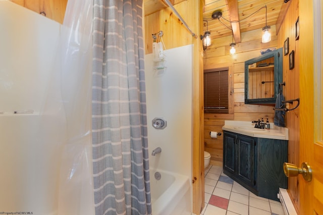 1 Ginger Ct, Terra Alta, WV 26764 - full bathroom with wooden walls, toilet, vanity, tile patterned floors, and shower / bath combination with curtain