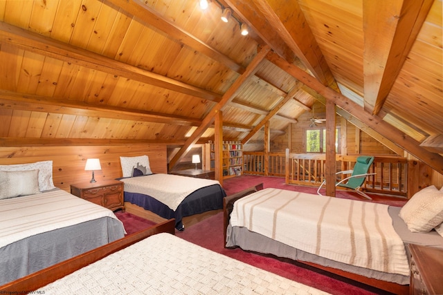 1 Ginger Ct, Terra Alta, WV 26764 - bedroom featuring wood walls, wood ceiling, and rail lighting