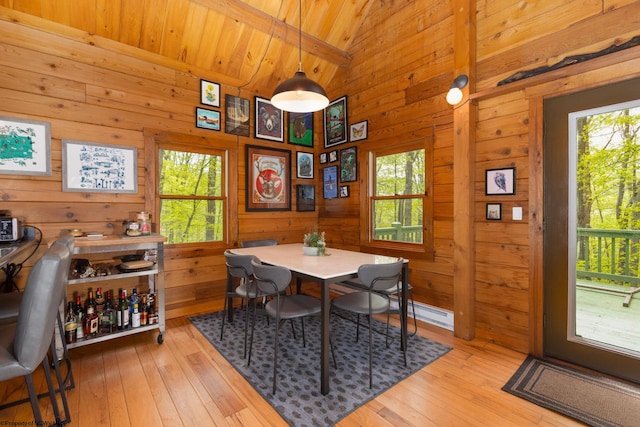 1 Ginger Ct, Terra Alta, WV 26764 - dining area with plenty of natural light, wooden walls, light wood finished floors, wood ceiling with exposed beams, and high vaulted ceiling