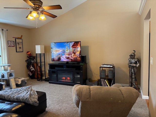 501 Santa Fe Ct, Morgantown, WV 26508 - living room with carpet floors, lofted ceiling, a glass covered fireplace, a ceiling fan, and baseboards