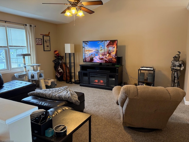 501 Santa Fe Ct, Morgantown, WV 26508 - living room with carpet flooring, a ceiling fan, and a glass covered fireplace