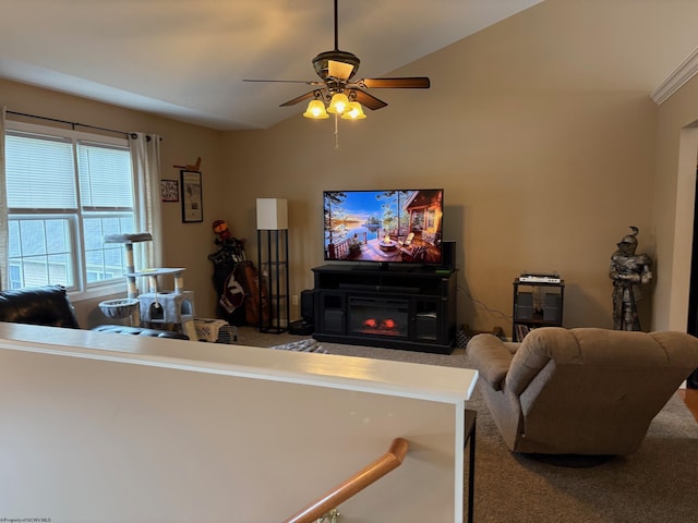501 Santa Fe Ct, Morgantown, WV 26508 - carpeted living room featuring vaulted ceiling, ceiling fan, and a glass covered fireplace