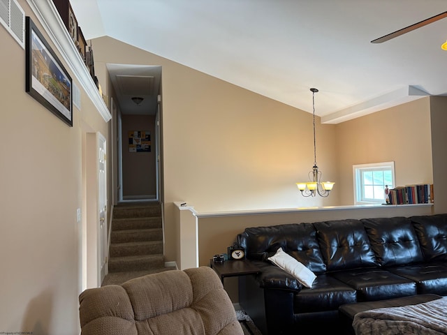 501 Santa Fe Ct, Morgantown, WV 26508 - living room featuring vaulted ceiling and a chandelier