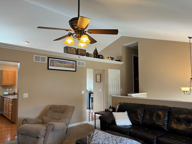 501 Santa Fe Ct, Morgantown, WV 26508 - living area featuring a ceiling fan, vaulted ceiling, and baseboards