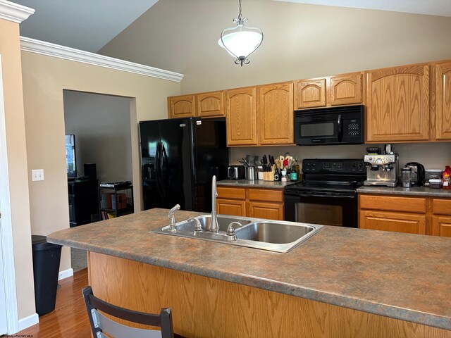 501 Santa Fe Ct, Morgantown, WV 26508 - kitchen featuring black appliances, ornamental molding, wood finished floors, a sink, and decorative light fixtures