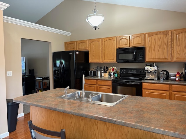 501 Santa Fe Ct, Morgantown, WV 26508 - kitchen featuring black appliances, a sink, wood finished floors, crown molding, and dark countertops