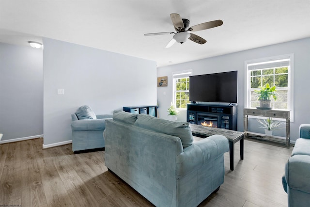 112 Eagle Dr, Maidsville, WV 26541 - living room with wood finished floors, a ceiling fan, baseboards, and a glass covered fireplace