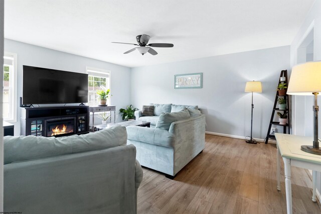 112 Eagle Dr, Maidsville, WV 26541 - living area with wood finished floors, ceiling fan, a glass covered fireplace, and baseboards