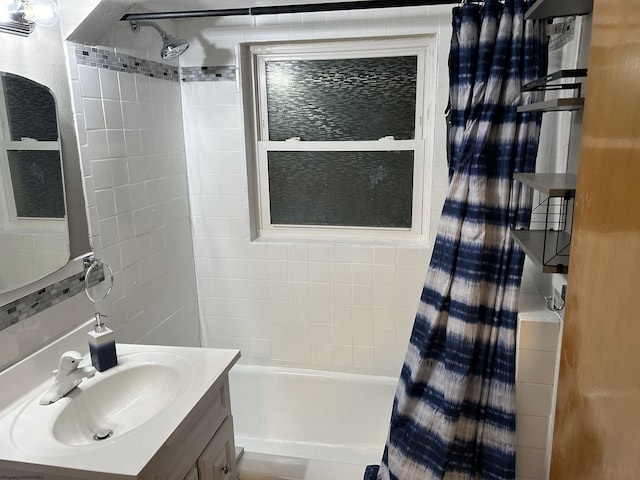2605 E Main St, Bridgeport, WV 26330 - full bath featuring vanity, shower / tub combo with curtain, and tile walls