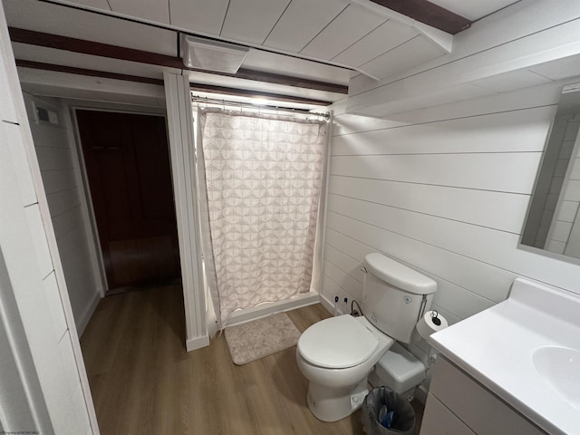 2605 E Main St, Bridgeport, WV 26330 - bathroom with wood finished floors, vanity, toilet, a shower with curtain, and wood walls