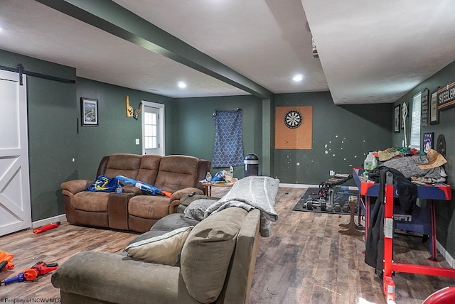1917 Pleasant Valley Rd, Fairmont, WV 26554 - living room with a barn door, wood finished floors, baseboards, and recessed lighting