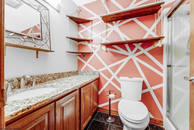 237 Highland Ave, Grafton, WV 26354 - full bath featuring vanity, a stall shower, toilet, baseboards, and granite tiled floors
