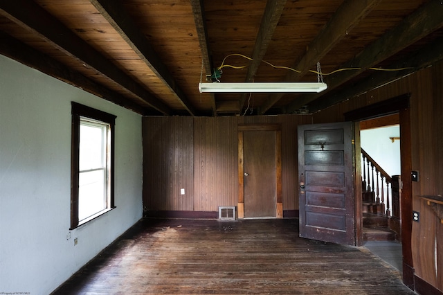 248 Casteel Rd, Terra Alta, WV 26764 - empty room featuring wooden walls, dark wood-style floors, baseboards, and beamed ceiling