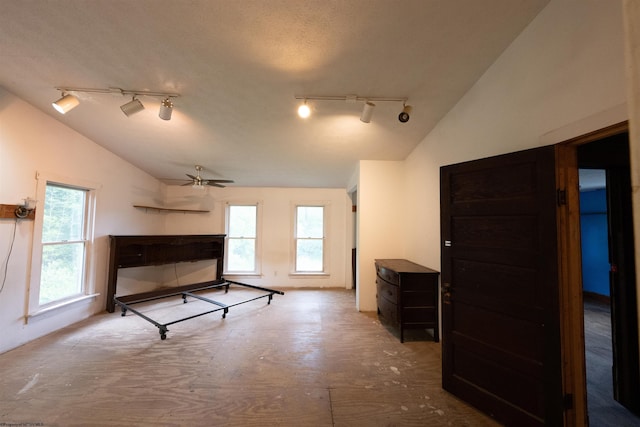 248 Casteel Rd, Terra Alta, WV 26764 - bedroom featuring rail lighting, vaulted ceiling, and a ceiling fan