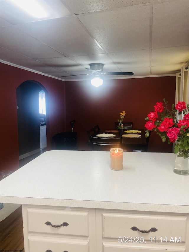 344 Tygart St, Fairmont, WV 26554 - kitchen with arched walkways, light countertops, white cabinets, a paneled ceiling, and a ceiling fan
