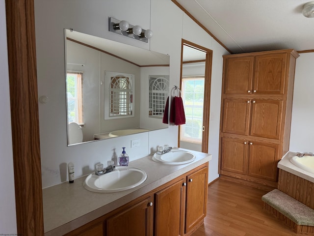 227 Wamsley Way, Valley Bend, WV 26293 - full bathroom featuring lofted ceiling, wood finished floors, double vanity, a garden tub, and ornamental molding
