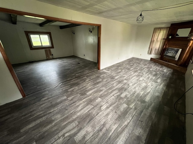 15 Carl Zinn Rd, Independence, WV 26374 - unfurnished living room with dark wood-style floors, a fireplace, wooden ceiling, and heating unit